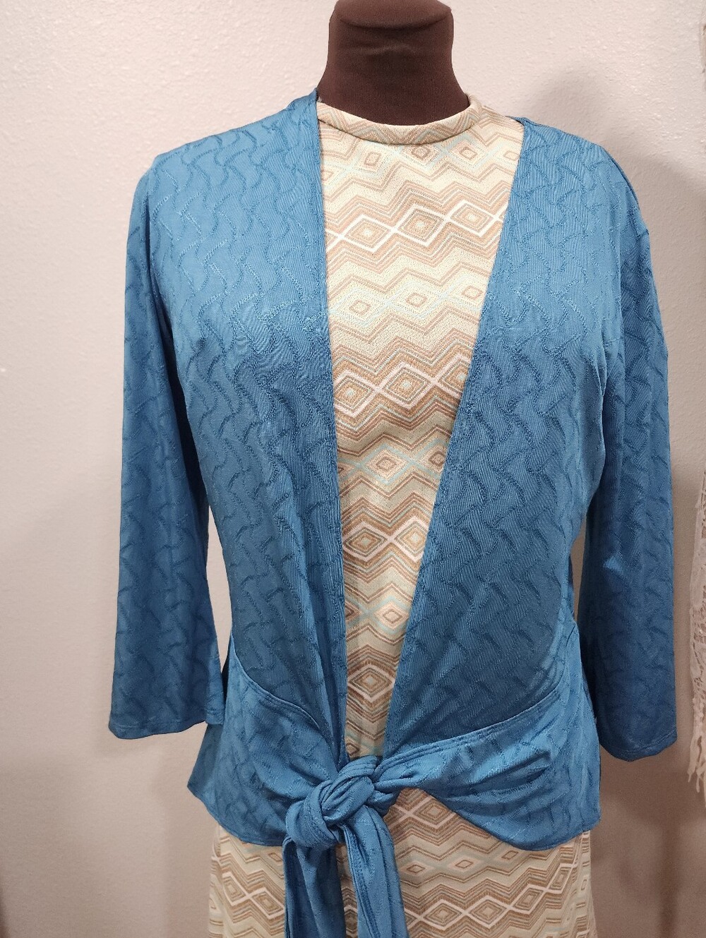 Chicos Travelers Turquoise Knit Tie-Front Strtchy Fabric Cardigan L
